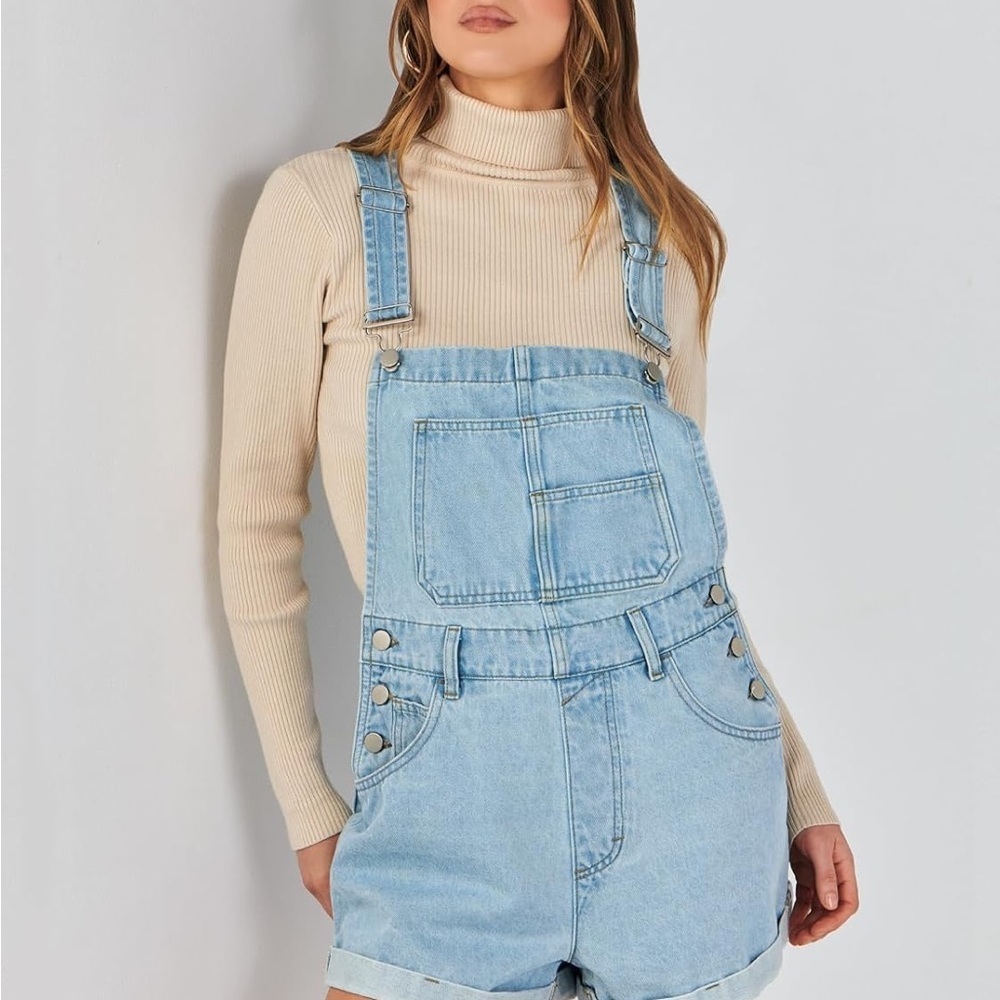 Anrabess Light Blue Denim short loose fit adjustable Overalls NWT - Picture 4 of 9